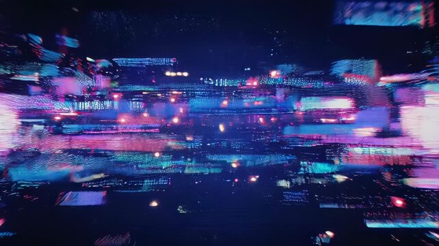 Abstract digital art, featuring horizontal glitch lines and blue/teal light effects over a dark background