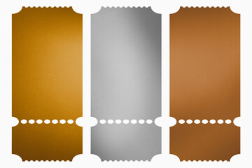 Gold, silver and bronze ticket and coupon template.Set of metallic mockups with golden, silver and bronze gradient. Metal textured vouchers set for sale, party, event. Vector illustration EPS 10