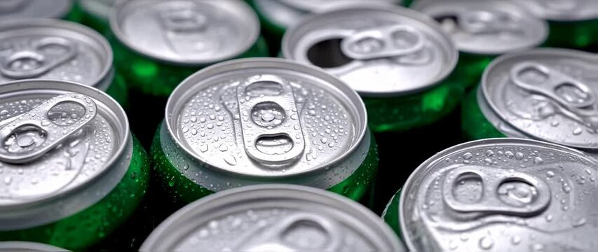 Macro Shot of Refreshing Green Aluminum Soda Cans with Water Droplets Background