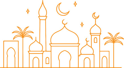 Islamic Mosque Illustration with Crescent Moon and Palm Trees