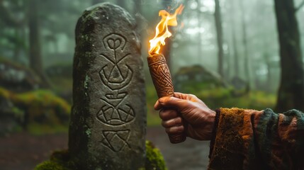 Druid holding burning torch before ancient rune stone in misty forest, Celtic mysticism and pagan ritual concept