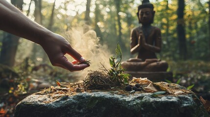 Hand offering herbs in forest before Buddha statue, Buddhist ritual of peace and mindfulness