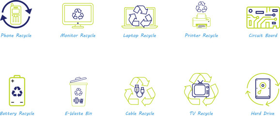 Fototapeta premium Collection of Electronic Waste Recycling icons with symbols for sustainability and circular economy 