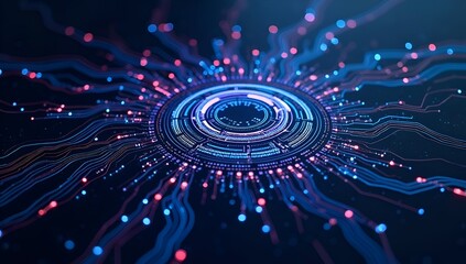 High-tech abstract background with interconnected glowing nodes, 3D wireframes, and particle streams, visualizing networks, data flow, and advanced computing.