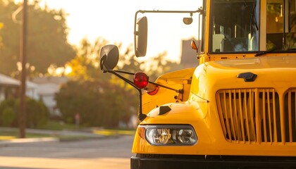 Close-up of a yellow school bus in a suburban neighborhood at sunset.