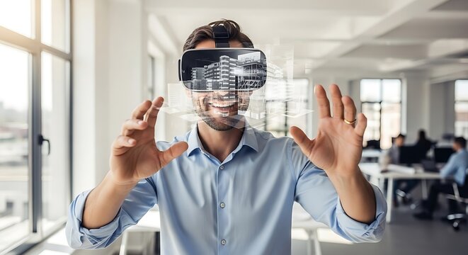 Man wearing V R headset interacting with holographic building models in office virtual reality VR headset