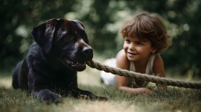 A happy child and a black dog playing tug of war with a rope on a sunny day in the backyard