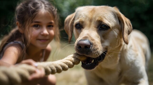 A girl and her yellow Labrador dog play tug of war with a thick rope in a sunny outdoor setting