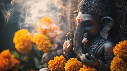 Statue of Lord Ganesha with marigold flowers and incense smoke, Hindu worship and spiritual devotion