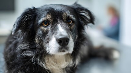 A calm senior dog lies indoors looking attentively towards the viewer with soft lighting