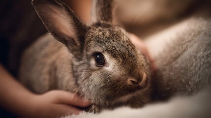 A young child gently holds a fluffy brown rabbit in soft warm light creating a heartwarming scene of affection and care