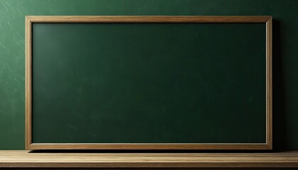 Dark green chalkboard with wooden frame on wood, blank for text