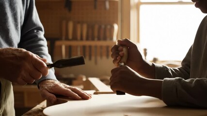 Craftsmen Carefully Carving Guitar Body in Workshop