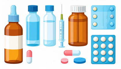 set of medicine bottles, pills capsules and syringe, pill packet isolated white background