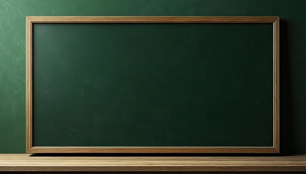 Dark green chalkboard with wooden frame on wood, blank for text