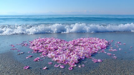 Heart shape of pink petals on shoreline with ocean waves