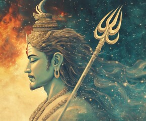 Profile of Lord Shiva with trident and cosmic background, art of Hindu mythology and divine serenity