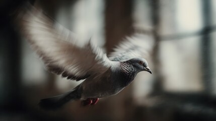 Obraz premium A pigeon in flight captured with motion blur on its wings soaring indoors with natural light illuminating its detailed plumage