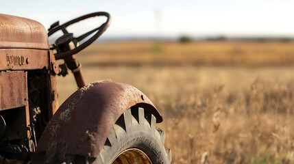 Weathered farm vehicle in a field. A rusty tractor stands as a testament to time, surrounded by golden grass and rural tranquility. Evokes nostalgia and history.