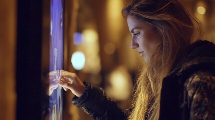 Medium frame of a customer engaging with a voiceguided pointofsale display emphasizing the touchscreen interface against a blurred backdrop.