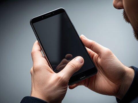 Person holding a sleek, black smartphone with blank screen, focusing