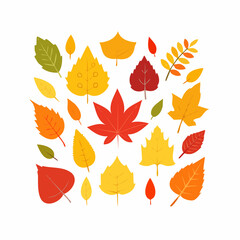 Obraz premium A vibrant collection of colorful autumn leaves of various trees, isolated on a white background in a flat design style