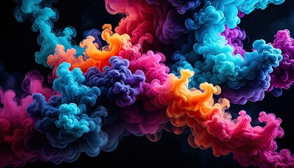 Vivid abstract of swirling, colorful smoke plumes against black background