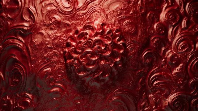 Abstract artwork showcasing swirling red textures and a central organic form, reminiscent of molten metal