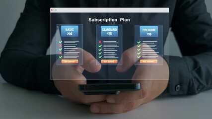 Person selecting option of Subscription plan.Subscription plan offers exclusive access to premium content, special discounts and priority support.Paid online service subscription plan.