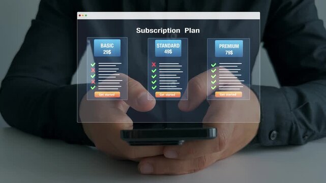 Person selecting option of Subscription plan.Subscription plan offers exclusive access to premium content, special discounts and priority support.Paid online service subscription plan.