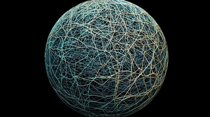 Abstract Network Sphere With Interwoven Lines Representing Connectivity, Digital Geometry, and Global Interaction in a Dark Background Setting