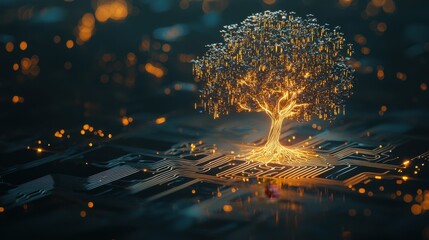 Beautiful glowing tree made of binary code emerging from a digital circuit landscape representing technology, nature, and innovation in harmony
