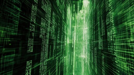 Green Code Matrix Tunnel with Data Streams and Digital Effects in a Futuristic Cyber Environment for Technology and Science Themes
