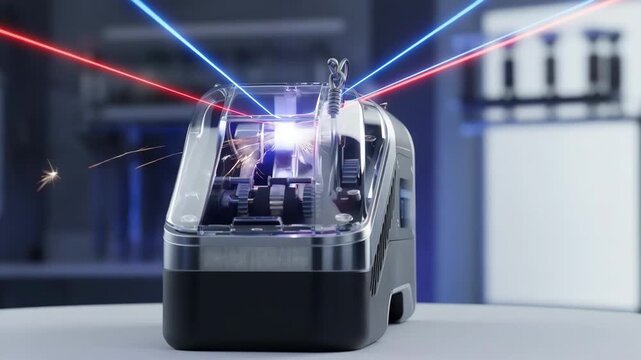 Medium shot of a lasercut hook sharpener in action highlighting the precise hightech sharpening process with glowing laser beams and sleek design.