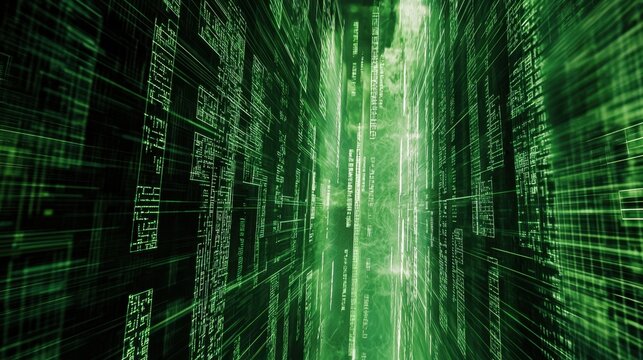 Green Code Matrix Tunnel with Data Streams and Digital Effects in a Futuristic Cyber Environment for Technology and Science Themes