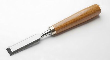 Fototapeta premium Sharp metal woodworking chisel with a smooth wooden handle isolated on white background