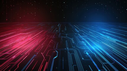 Futuristic Digital Landscape with Red and Blue Neon Circuit Patterns on a Dark Background Representing Technology and Innovation Concepts