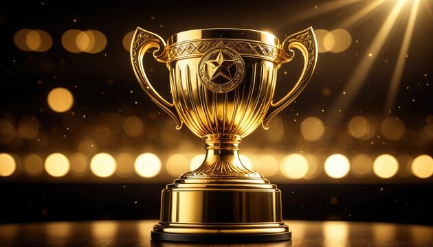 Shiny golden trophy with star emblem and bokeh background