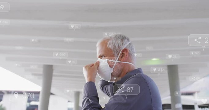 Man retrieving respirator under garage for safety, strapping mask while social media icons drifting