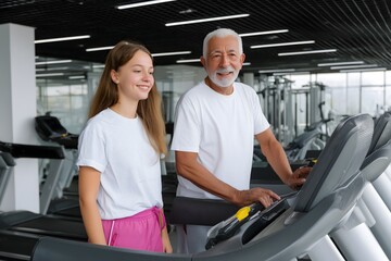 Grandfather and Granddaughter on Treadmill at Gym