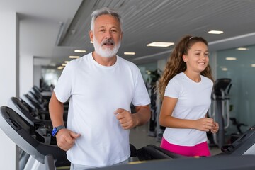 Senior Man and Young Woman Exercising on Treadmills at Gym