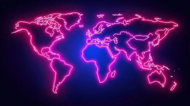 Neon Outline of World Map with Bright Pink Glow Against Dark Background for Creative Design and Global Connectivity Themes