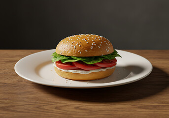 A fresh vegetarian burger with lettuce, tomato, and a white sauce on a plate, set on a wooden table.