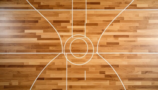 Overhead view of a basketball court, with wooden floor and painted white lines