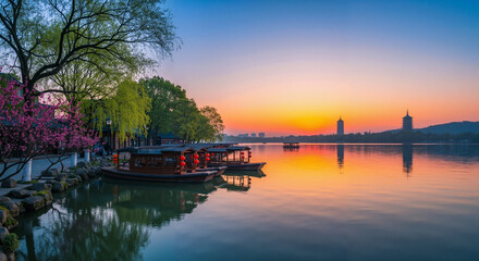 Scenic sunset over tranquil lake with boats and blooming trees  