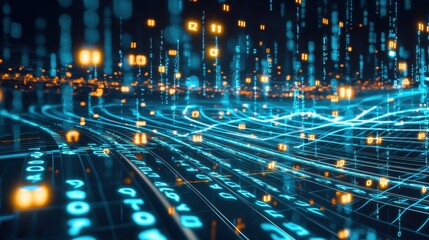 Abstract representation of digital data flow with glowing binary code and luminous points in a futuristic technological landscape
