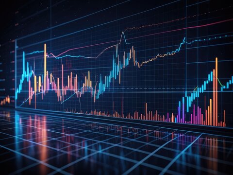Abstract digital stock market data on a grid with fluctuating colorful graphs - Powered by Adobe