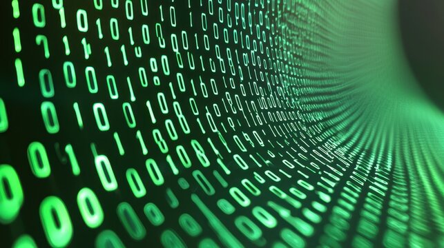 Abstract representation of flowing binary code in vibrant green against a dark background, illustrating concepts of technology, data, and digital communication.
