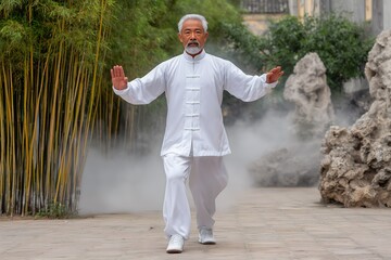 Senior Man Practicing Tai Chi in a Bamboo Garden
