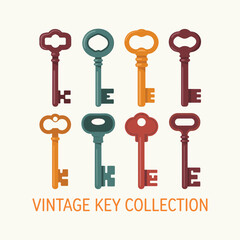 Collection of eight vintage keys in various colors and ornate designs vector on white background.